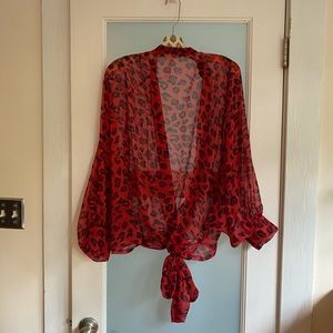 Free People Red Leopard Gauzy Wrap Top